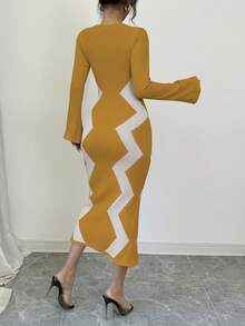 Elenzga 女士优雅个性撞色锯齿纹修身针织连衣裙，秋冬款 - 黃色 - 查看 2