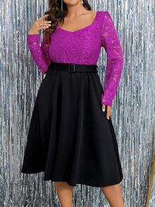 Elenzga 大码高端二合一蕾丝长袖修身喇叭下摆优雅连衣裙，适合秋冬季节、圣诞节、感恩节穿着，酒红色长款女装 - 玫紅色 - 查看 5