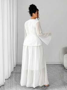 Elenzga Plus Size Women Solid Color Single-Breasted Flare Sleeve Jacket And Midi Skirt Elegant Suit - White - View 2