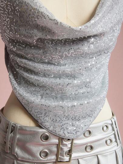 ROMWE Avant Top corto sexy con capucha y cuello halter de tela con lentejuelas, estilo retro para festival de música electrónica