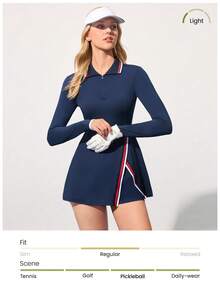 CourtClass Camisa polo feminina minimalista de manga comprida com blocos de cores, ideal para golfe e uso diário. - Azul marinho - Ver 4