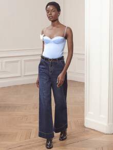 lacRébo Blue Satin Bustier Top With Structured Cups And Tonal Floral Applique Chic Party Evening Top Spring Summer Summer Valentines Day French Style Parisian Style - Baby Blue - View 6