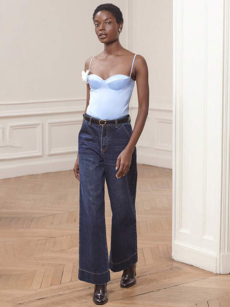 Blue Satin Bustier Top With Structured Cups And Tonal Floral Applique Chic Party Evening Top Spring Summer Summer  French Style Parisian Style