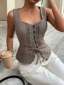 Siren Gaze 女士休闲复古风棕色千鸟格纹开衫，收腰设计，秋冬必备单品，完美搭配西装、正装，或作为正式女士衬衫、教师上衣或办公室着装。 - 摩卡棕 - 查看 5