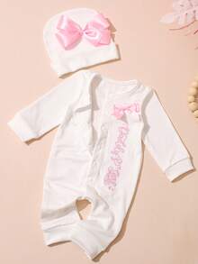 SHEIN Set de 2 piezas Conjunto de ropa para recién nacidos para salir del hospital Pelele de niña recién nacida con bordado y sombrero con lazo de cinta - Multicolor - Ver 6