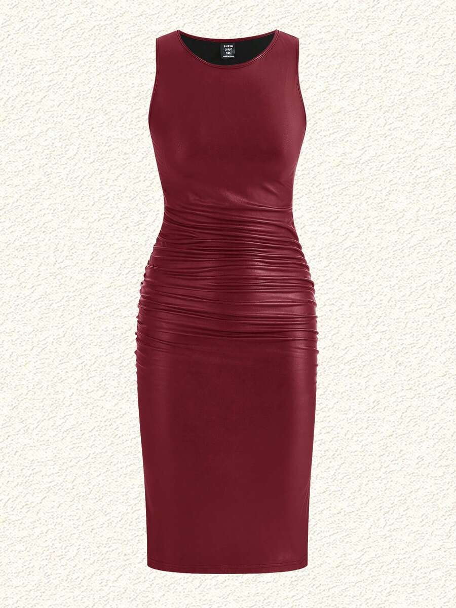SHEIN EZwear Wine Red Elastic Leather Sleeveless Dress, Christmas & Valentine's Day Style/Winter - Burgundy - View 1