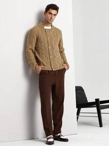 Manfinity Homme Cárdigan de punto de cable de doble botonadura de unicolor casual y para uso diario, otoño/invierno para hombres - Amarillo - Ver 5