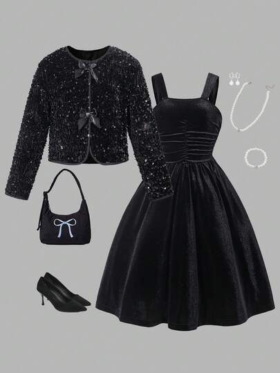 Girls Plus Size Sequin Jacket & Velvet Dress With Bow, Autumn/Winter