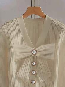 GlowEve Women's Solid Color Bow Decor Long Sleeve Ribbed T-Shirt - Khaki - View 3