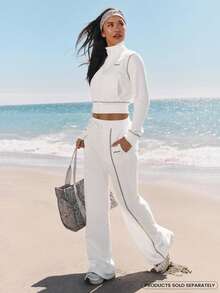 GLOWMODE 日常抓绒喇叭裤，柔软保暖，撞色缝线，侧边口袋，可调节抽绳腰带，修身微喇叭裤腿运动裤，秋冬户外日常休闲穿着 - 白色 - 查看 1