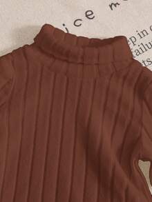 Baby Boy/Girl Basic High Neck High Elasticity Ribbed Brushed Thermal Fitted Long Sleeve Top, Suitable For Winter Layering - Brown - View 5