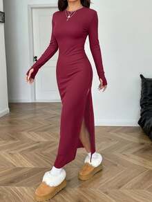 SHEIN EZwear 酒紅色圓領長袖開衩修身洋裝，秋季婚禮晚宴賓客女款性感禮服 - 酒紅色 - 查看 3