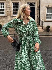 Vivie Lora Women's Green Mid-Length Waist Cinched Crew Neck Dress Vacation Maxi Dress - Green - View 1