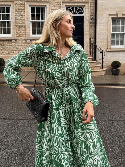 Vivie Lora Women's Green Mid-Length Waist Cinched Crew Neck Dress Vacation Maxi Dress