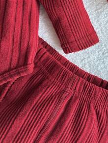 3件套男婴可爱小熊印花按扣裆长袖连体衣、松紧腰红色裤子+可爱帽子，舒适秋冬套装 - 紅色 - 查看 5