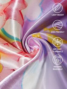 SHEIN X Care Bears 2 件可爱卡通图案枕套，紫色/粉色，缎纹面料，舒适凉爽，彩虹、云朵、泰迪熊印花 - 彩色 - 查看 4