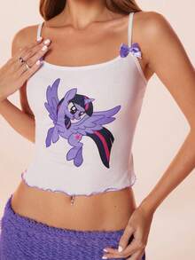 My Little Pony X SHEIN 女士休闲可爱卡通独角兽印花撞色包边荷叶边蝴蝶结装饰修身露脐吊带背心，夏季 - 白色 - 查看 3
