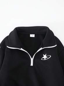 SHEIN 两件套，少女休闲黑色针织短款连帽衫，胸前印花，搭配抽绳腰带针织直筒运动裤，适合日常穿着、外出、旅行等各种休闲场合，适合8-12岁女孩。 - 黑色 - 查看 5