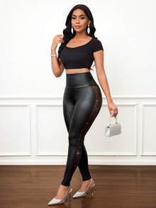 SHEIN Lady Women's Solid Color High Waist Splice Rhinestone Mesh PU Leather Leggings,Fall,Fall Clothes For Women,Winter Clothes For Women - Black - View 7