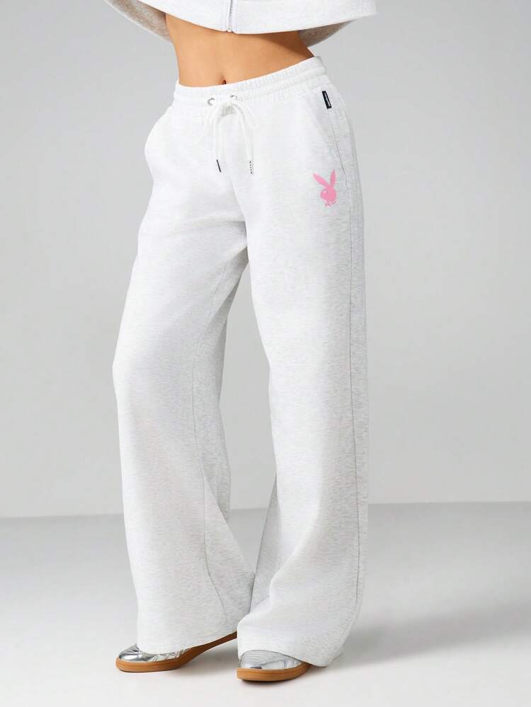 Missguided x Playboy Pantalones de chándal de pierna ancha con cordón para mujer, ropa de estar por casa informal con estampado de logo, pantalones cómodos para uso diario