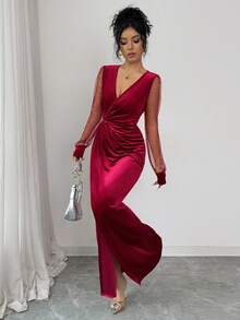 SHEIN Elenzya Vestido largo de manga larga de terciopelo, con parches de malla con lentejuelas, ajustado a la cintura y con línea A, elegante para uso diario, de moda francesa vintage y versátil para Navidad, Año Nuevo, negocios, color burdeos, otoño/invierno - Burdeos - Ver 6