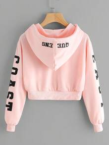 SHEIN EZwear 女士粉色东海岸图案短款抽绳连帽衫