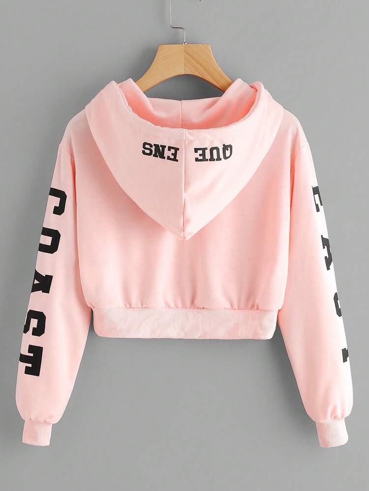 Women's Pink East Coast Graphic Cropped Drawstring Hoodie