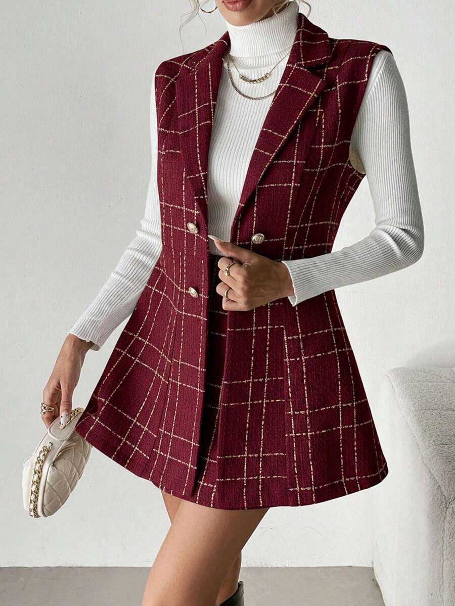 SHEIN Clasi 2pcs Women's Tweed Fabric Suit Vest + A-Line Midi Skirt Set, Elegant For Daily Commute - Red - View 1