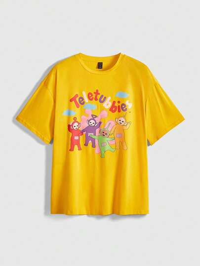 Teletubbies X ROMWE Cute Balloon Cloud Pattern Loose Fit Yellow Women T-Shirt