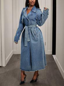 Slaydiva Women's Casual Denim Jacket With Raglan Sleeves, Single-Breasted, And Frayed Hem Design - Blue - View 1