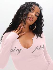 BABYPHAT Áo thun cổ chữ V tay dài đính đá pha lê ôm vừa vặn - Màu Hồng baby - Xem 6