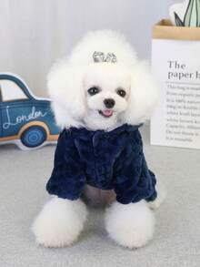 PETSIN Bộ đồ liền thân dày dặn dễ thương cho thú cưng – Bộ đồ ngủ bằng lông cừu bốn chân dễ thương dành cho chó và mèo nhỏ, trang phục ấm áp cho mùa thu/đông để vui chơi và thư giãn - Màu xanh hải quân - Xem 5