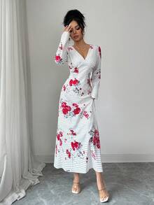Rafferiza Women's Long Polka Dot Floral Print V-Neck Waist Cinched Dress - White - View 5