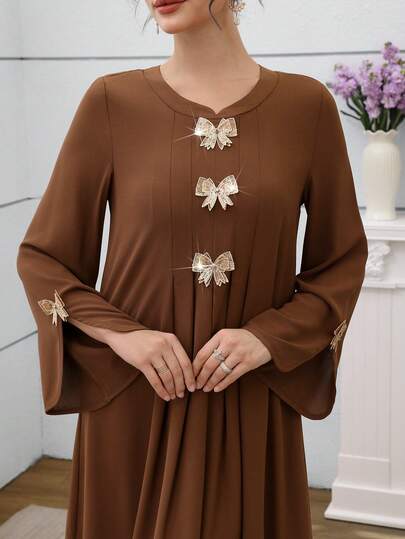 Al Najma Elegant Coffee Brown Round Neck Bell Sleeve Butterfly Flare Hem Dress