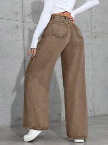 SHEIN ICON Women's Casual Everyday Washed Slant Pocket Loose Fit Denim Jeans - Brown - View 2
