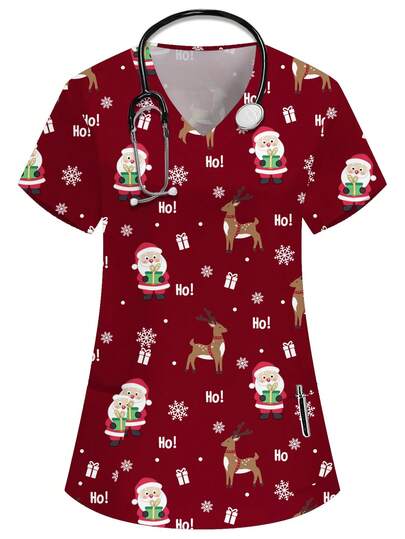 PopScrub Christmas V-Neck Short Sleeve Double Pocket Cute Santa Claus, Santa Claus, Snowflake, Reindeer, Cartoon Print Nurse/Doctor Work Uniform Top/ Examination Surgical Uniform