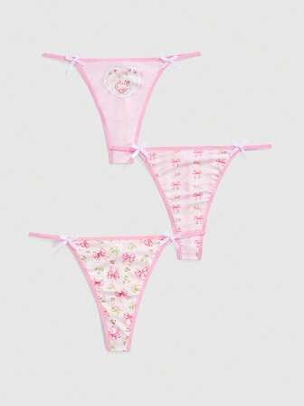 Set de 3 bragas tipo g con estampado de lazos, flores, conejos y cerezas en estilo Himekaji kawaii para mujeres