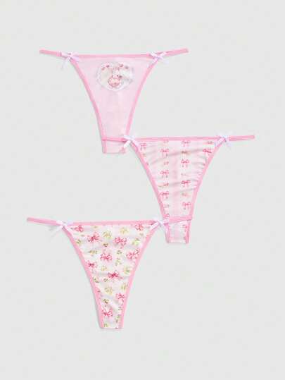 Kawaii Set de 3 bragas tipo g con estampado de lazos, flores, conejos y cerezas en estilo Himekaji kawaii para mujeres