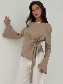 Aloruh Khaki Minimalist Office/Commute Boat Neck Flare Sleeve Tie Waist Women Blouse - Khaki - View 7