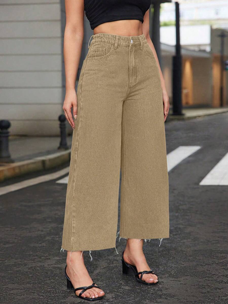 SHEIN ICON 大码女式高腰阔腿个性时尚七分牛仔裤 - 卡其色 - 查看 1