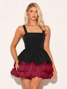 Glamine Charm Elegant Party Color Block Mini Cocktail Dress - Burgundy - View 4