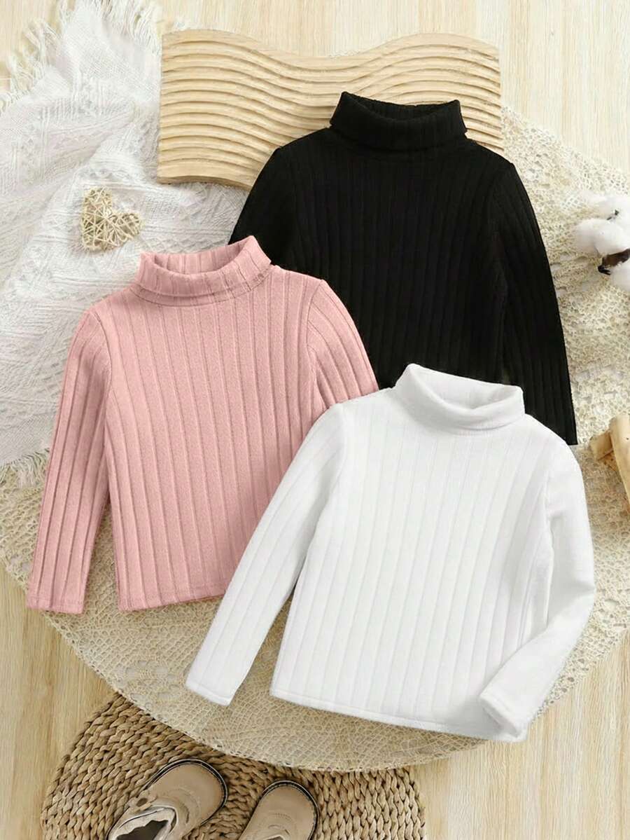 SHEIN 3 قطع/مجموعة ملابس علوية داخلي طويل الأكمام بياقة عالية مصنوع من الصوف المرن ذو لون أحادي للأطفال البنات، مناسب للخريف والشتاء - متعدد الألوان - مشاهدة 1
