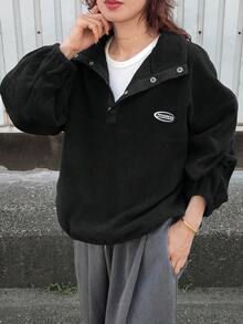 FRIFUL 女士宽松高领卫衣，正面印有品牌标志，加厚保暖内衬，秋季款 - 黑色 - 查看 4