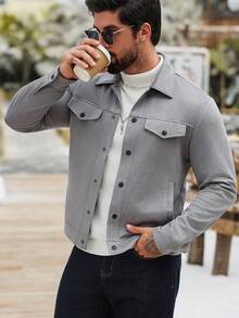 Manfinity CasualCool Men's Casual Grey Suedette Fleece Long Sleeve Jacket, Autumn/Winter Men Button Up Jacket Men Jackets Casual Men Jacket Men Shacket Grey Button Up Jacket - Grey - View 1