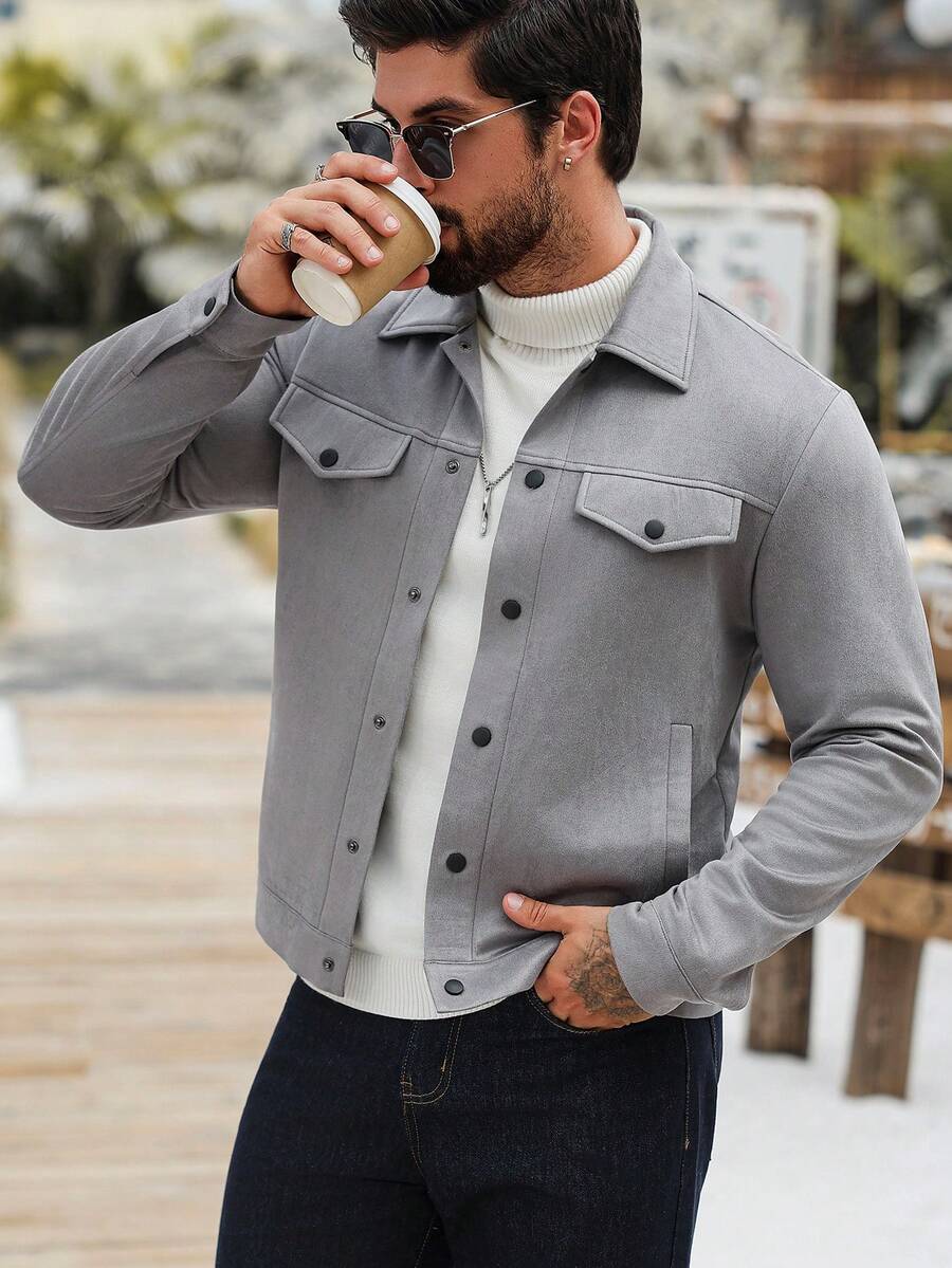 Manfinity CasualCool Men's Casual Grey Suedette Fleece Long Sleeve Jacket, Autumn/Winter Men Button Up Jacket Men Jackets Casual Men Jacket Men Shacket Grey Button Up Jacket - Grey - View 1