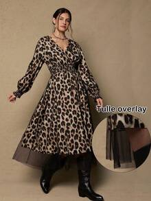 SHEIN VCAY Plus Size Leopard Print Wrap Around Long Sleeve Cinched Waist Dress, Elegant - Black - View 2