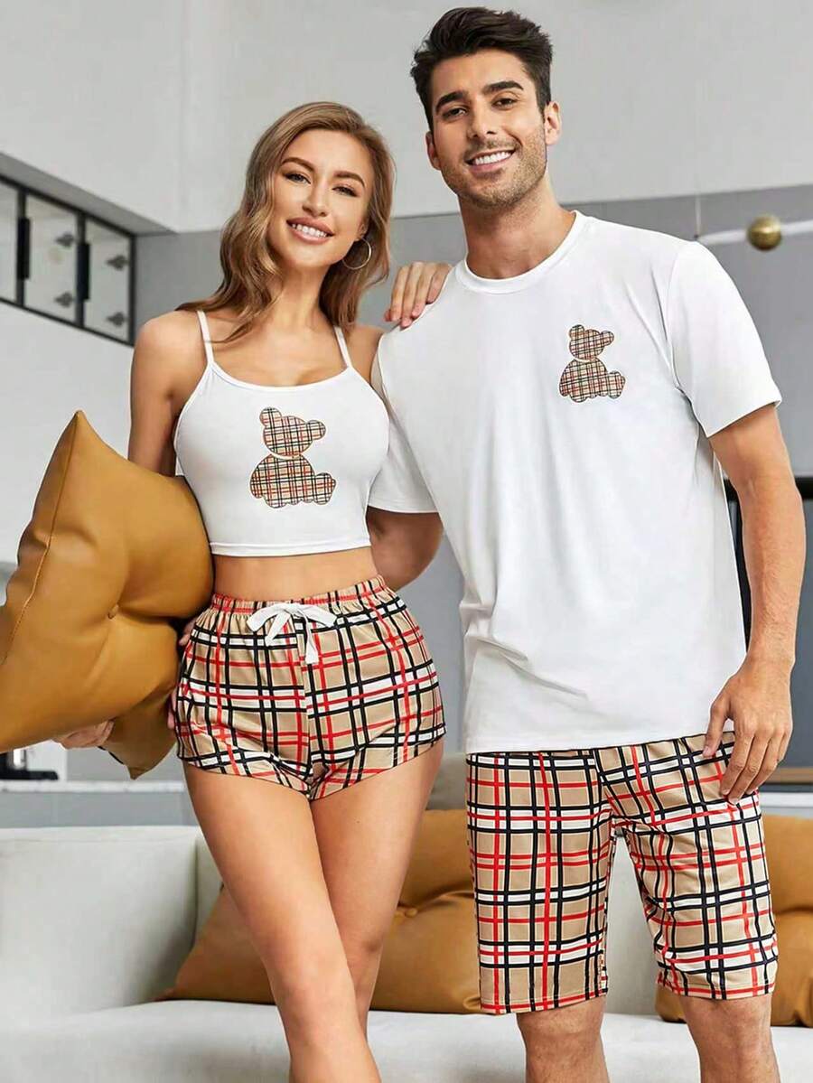 Snug Zone 1 Set Men's Plaid Teddy Bear Print Loose Fit Short Sleeve Top And Shorts Pajama Set - White - View 1