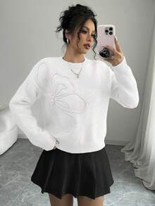 Elenzga 女式圆领花卉图案纯色套头毛衣 - 白色 - 查看 7