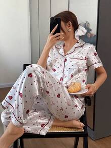 Dream Adore Teddy Bear Print Faux Silk Women Pajama Set - White - View 5