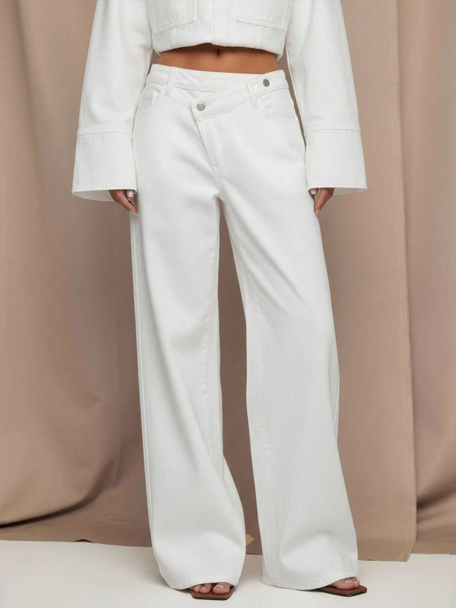 SHEIN BAE Quần jean ống rộng dáng rộng đơn giản, nhiều màu, dáng suông, cạp chun, thời trang đường phố dành cho nữ - trắng - Xem 1